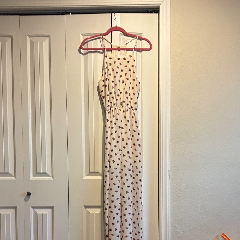 Cream Maxi Dress with Pink Floral Print and Cinched Waist